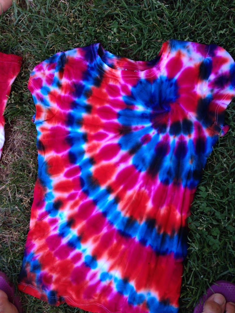 red blue and purple tie dye shirt
